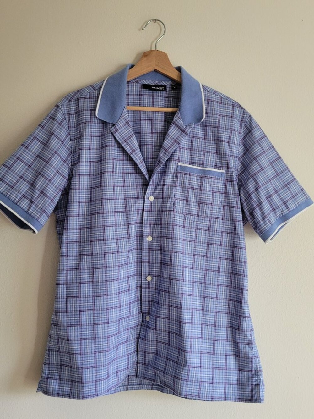 Murano portfolio slim fit shirt Blue Checkered Size Large Polo Collar Retro